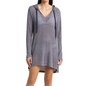 La Blanca Sweater Womens Slouchy Hooded Cover Up Tunic Stripe Gray White  S